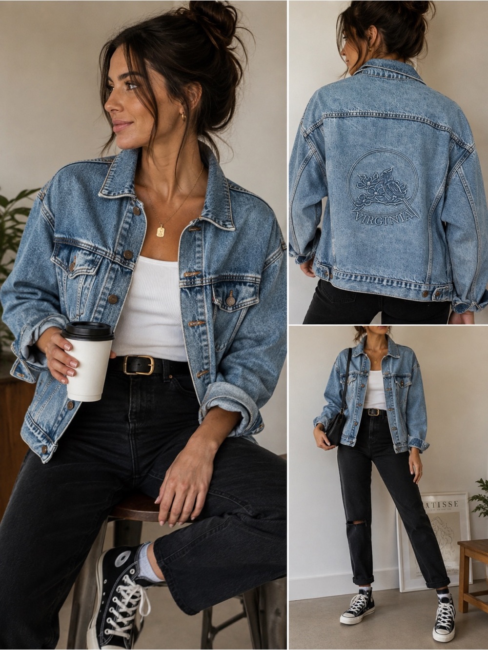 Vintage Made in the USA Jean jacket oversized with Virginia/Bird print on back